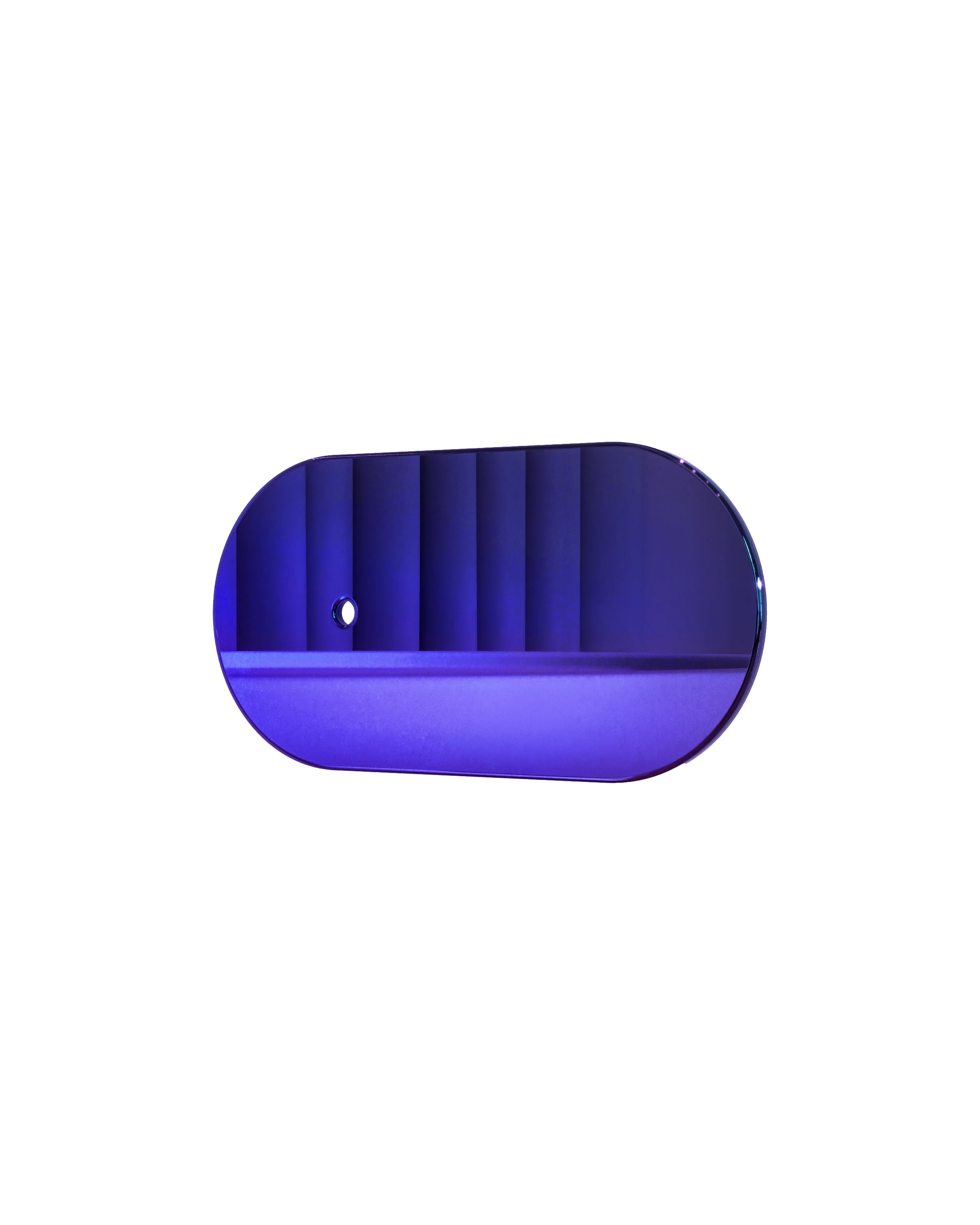 Oval, purple pad with rounded sides, with a small, round hole on the left. The pad is placed on a white background. 